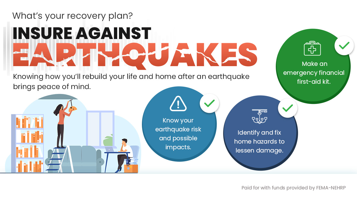 Insure Against Earthquakes: What's Your recovery plan? Knowing how you'll rebuild your life and home after an earthquake brings peace of mind. Illustration of a person securing and overhead light fixture and of a person seated in front of a laptop computer. Speech bubbles: Know your earthquake risk and possible impacts. Identify and fix home hazards to lesson damage. Make an emergency financial first-aid kit.