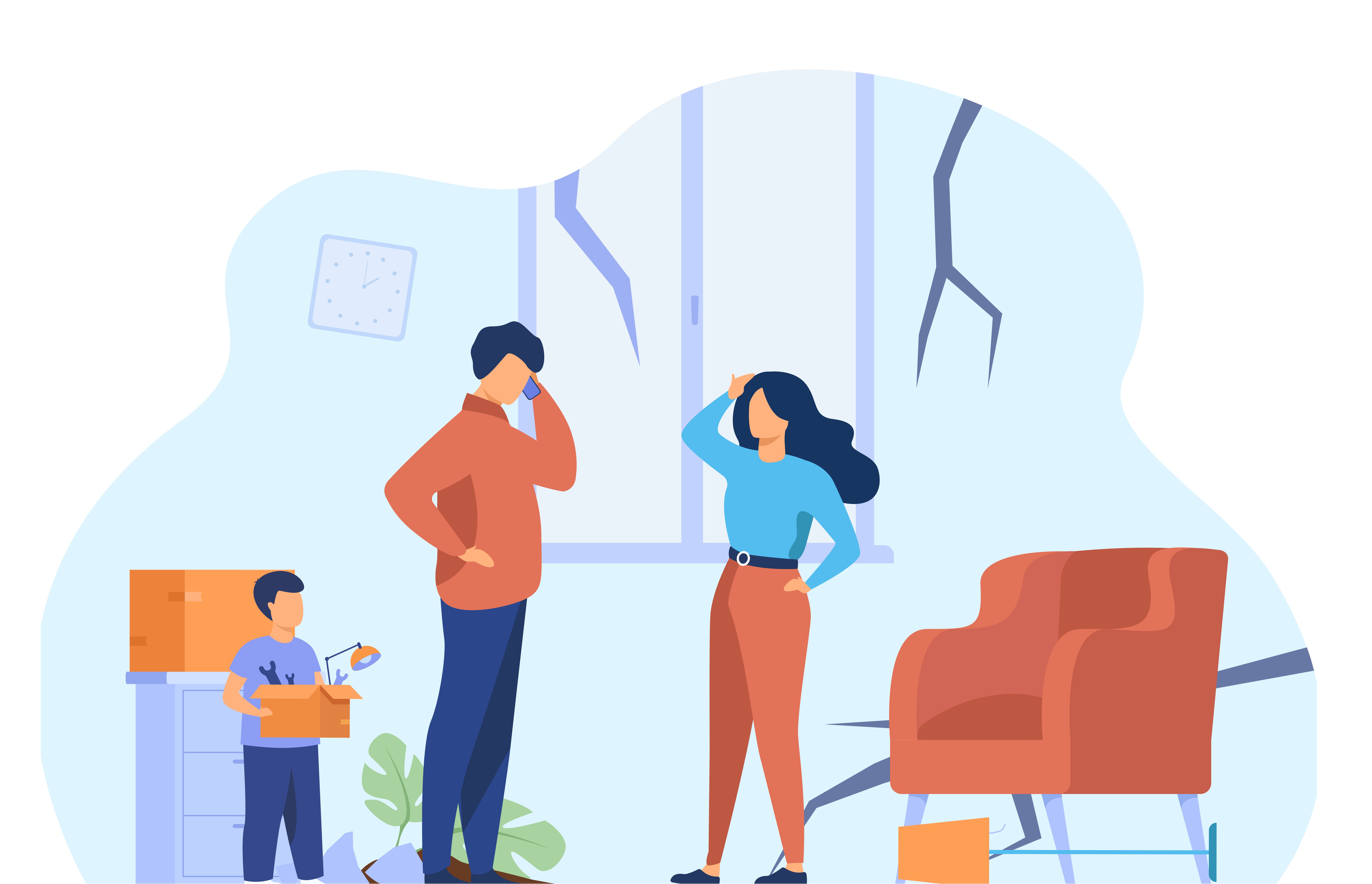 Cartoon graphic of a family taking stock of earthquake damage inside their home.