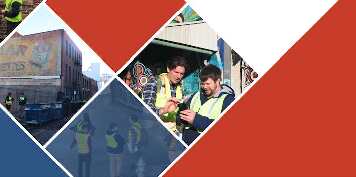 Mosaic of photos of people wearing high-visibility vests and standing on sidewalks surveying buildings.